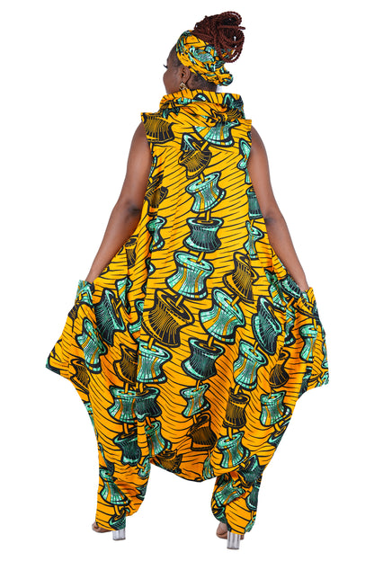 African Long High Neck Jumpsuit with Headwrap – 100% Cotton, Pockets