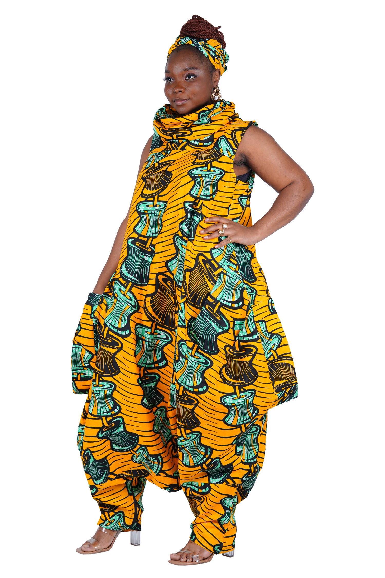 African Long High Neck Jumpsuit with Headwrap – 100% Cotton, Pockets