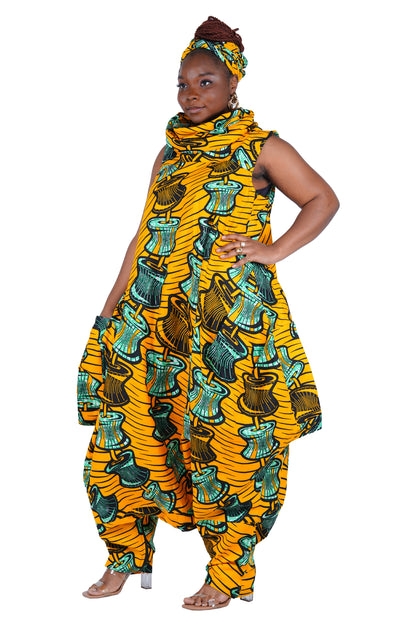African Long High Neck Jumpsuit with Headwrap – 100% Cotton, Pockets