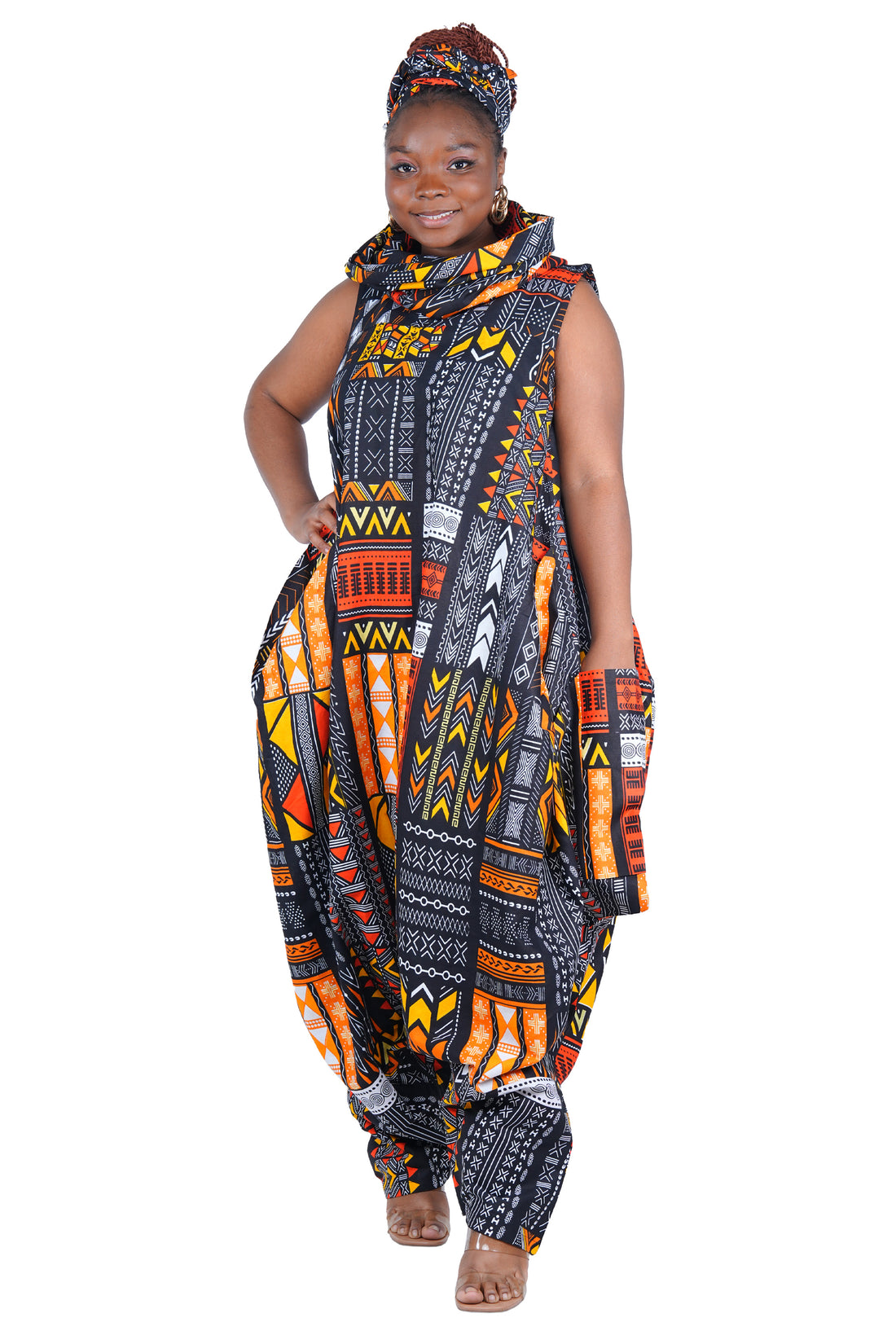 African Long High Neck Jumpsuit with Headwrap – 100% Cotton, Pockets