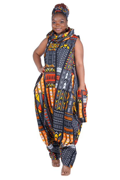 African Long High Neck Jumpsuit with Headwrap – 100% Cotton, Pockets