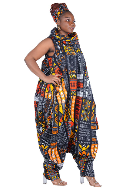 African Long High Neck Jumpsuit with Headwrap – 100% Cotton, Pockets