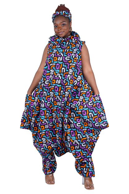 African Long High Neck Jumpsuit with Headwrap – 100% Cotton, Pockets