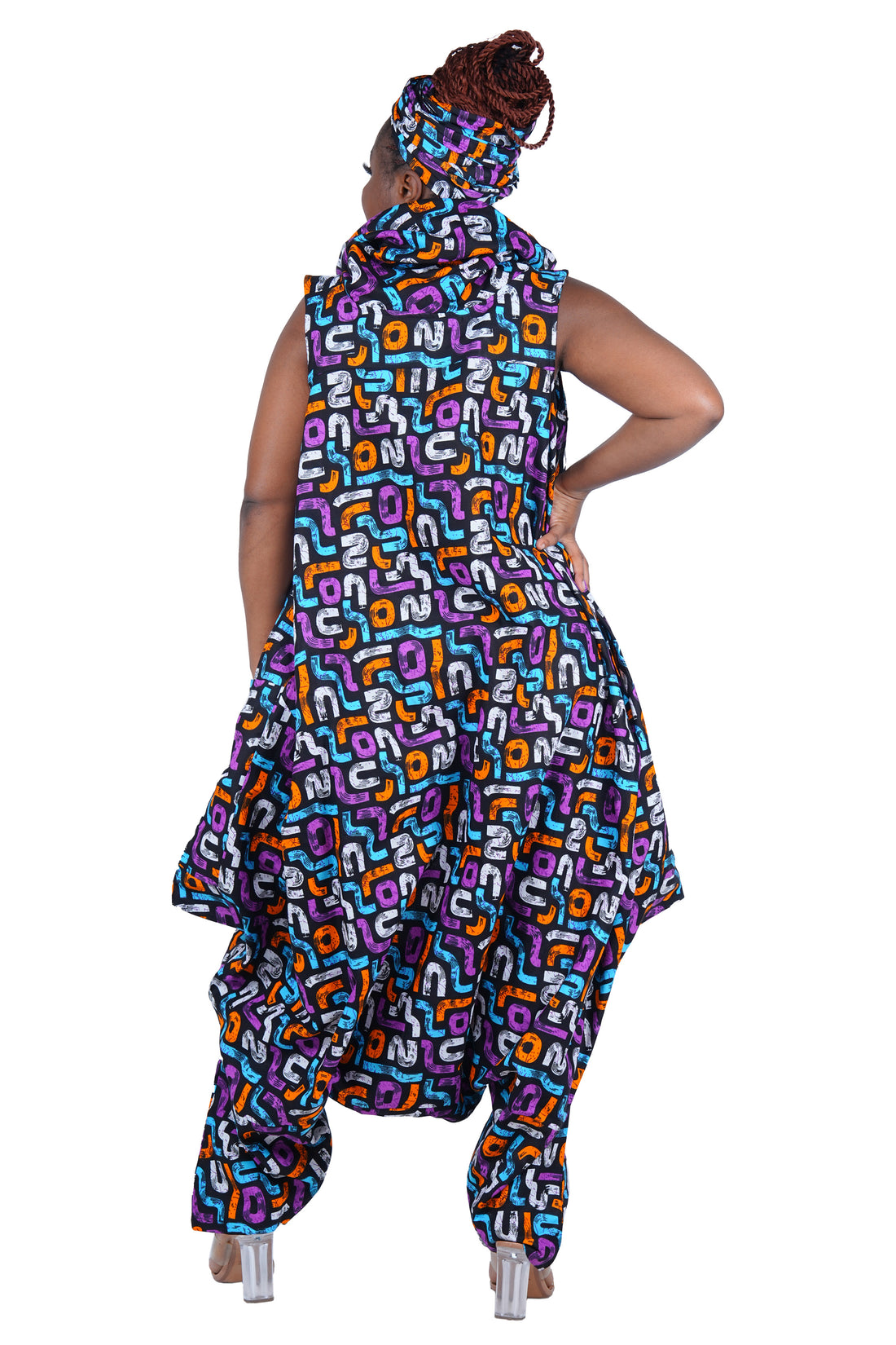 African Long High Neck Jumpsuit with Headwrap – 100% Cotton, Pockets