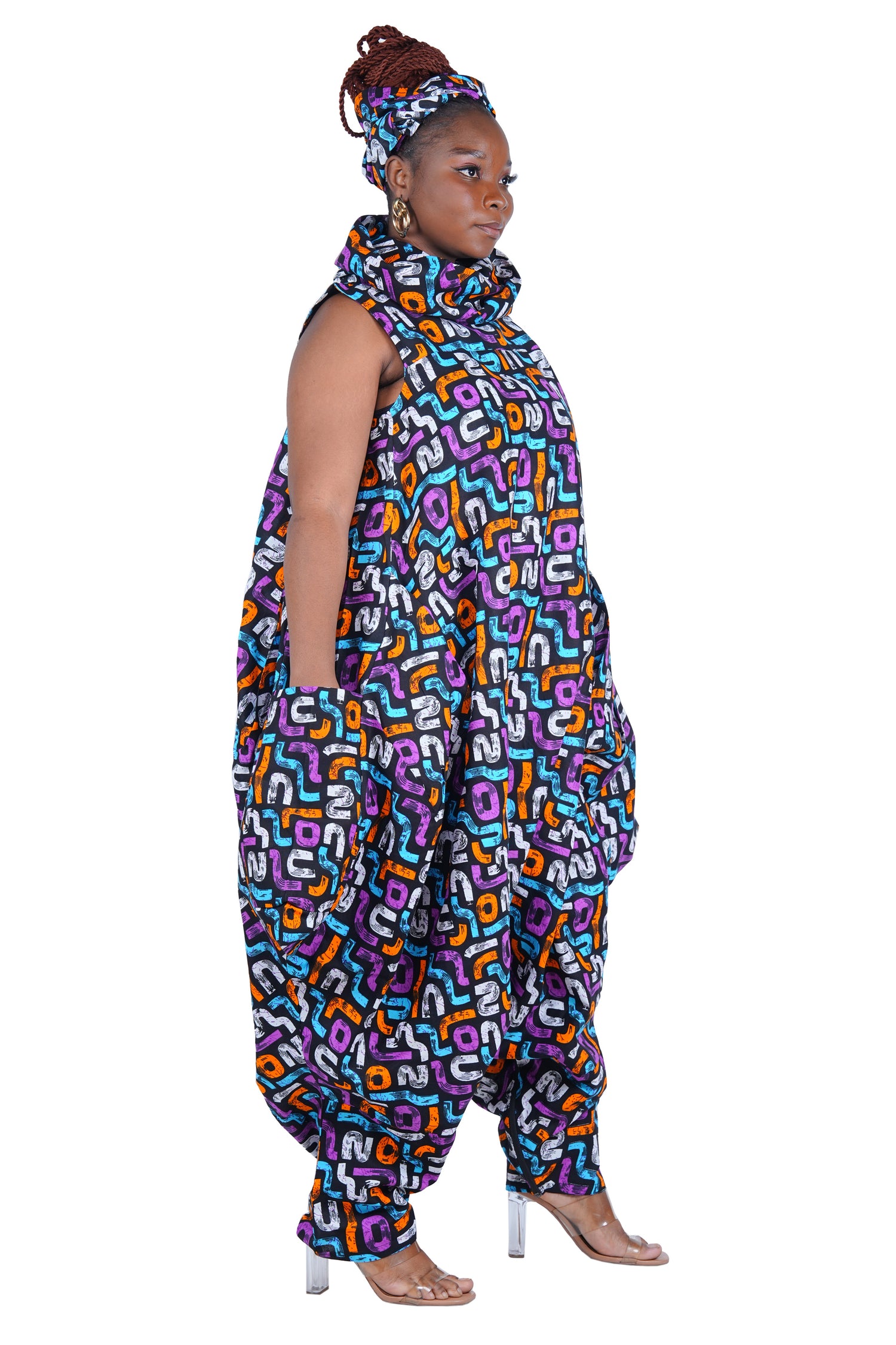 African Long High Neck Jumpsuit with Headwrap – 100% Cotton, Pockets
