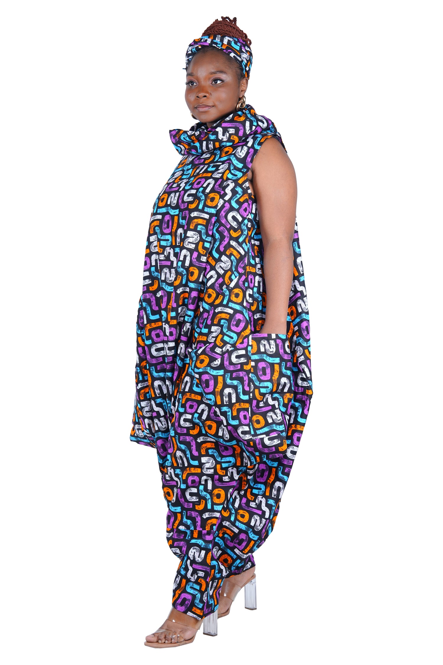 African Long High Neck Jumpsuit with Headwrap – 100% Cotton, Pockets