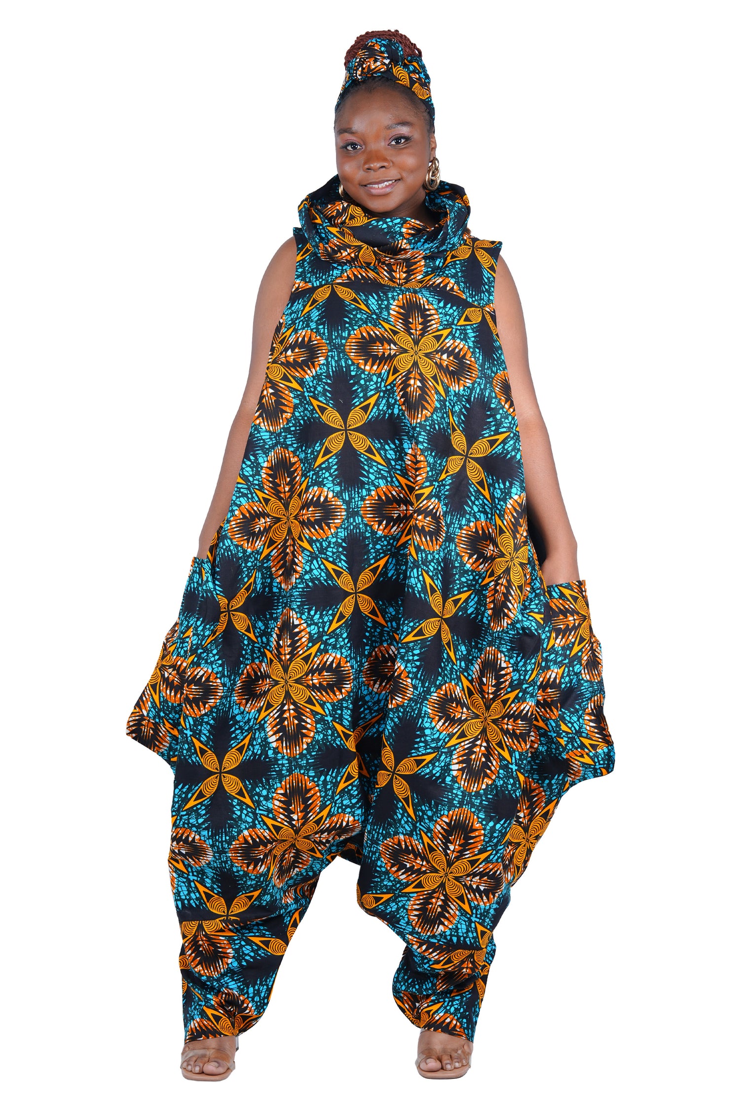 African Long High Neck Jumpsuit with Headwrap – 100% Cotton, Pockets