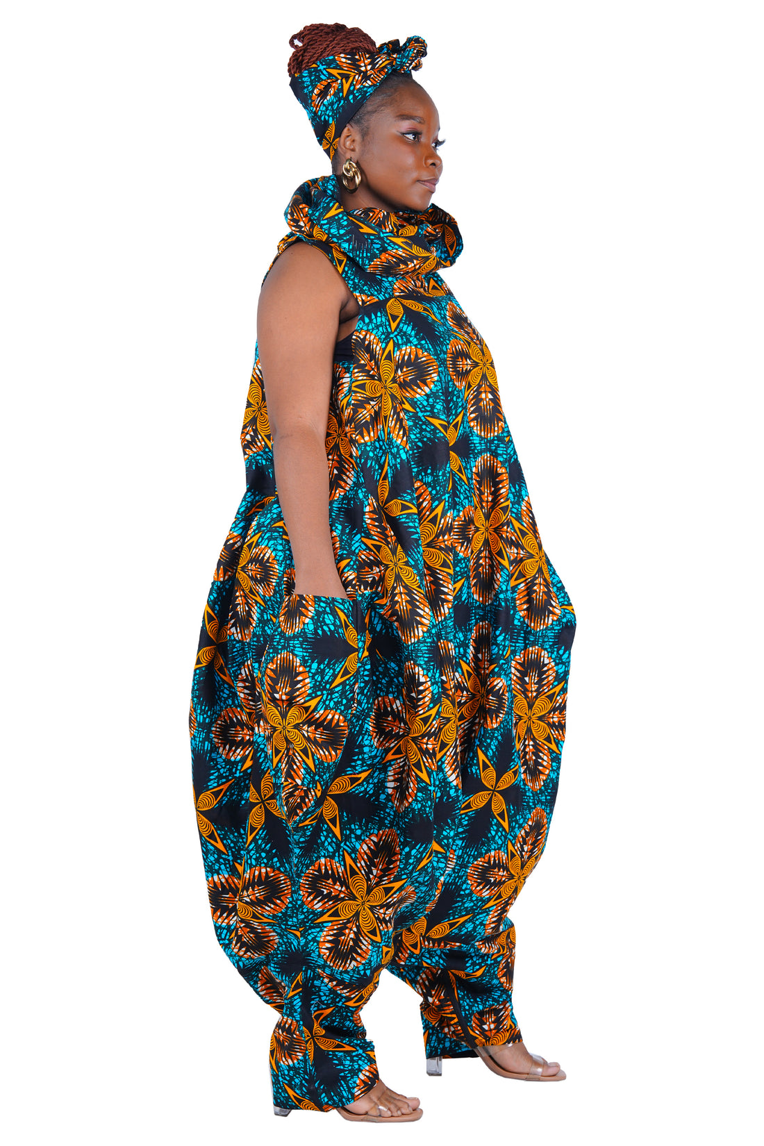 African Long High Neck Jumpsuit with Headwrap – 100% Cotton, Pockets