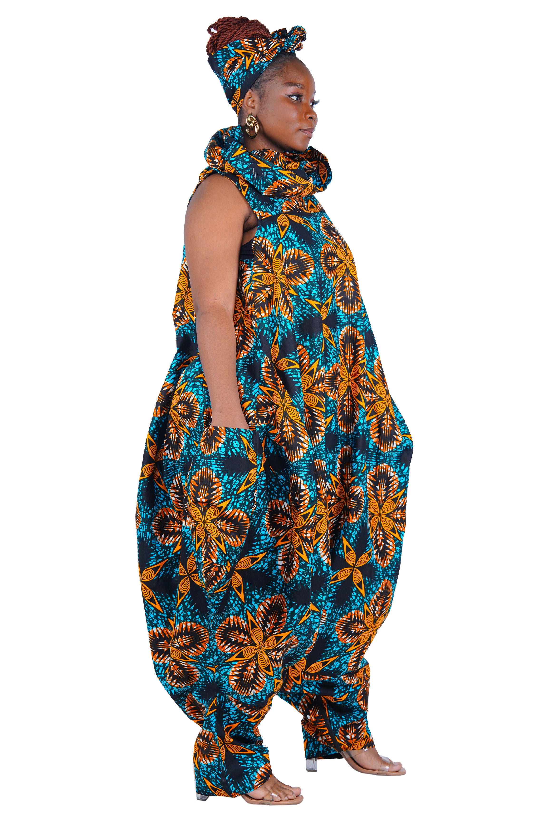 African Long High Neck Jumpsuit with Headwrap – 100% Cotton, Pockets