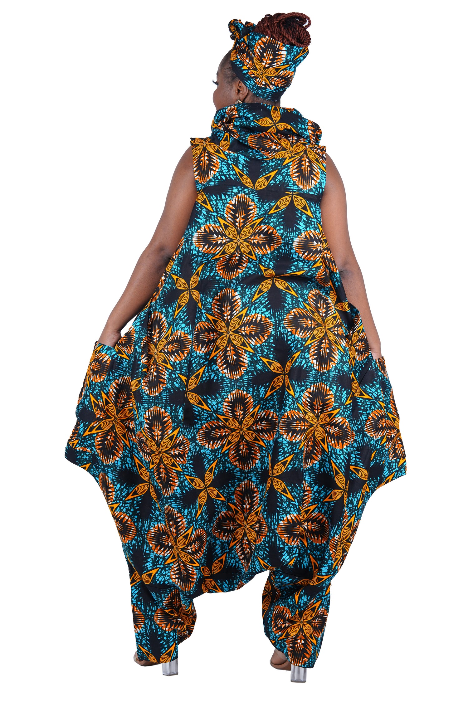 African Long High Neck Jumpsuit with Headwrap – 100% Cotton, Pockets