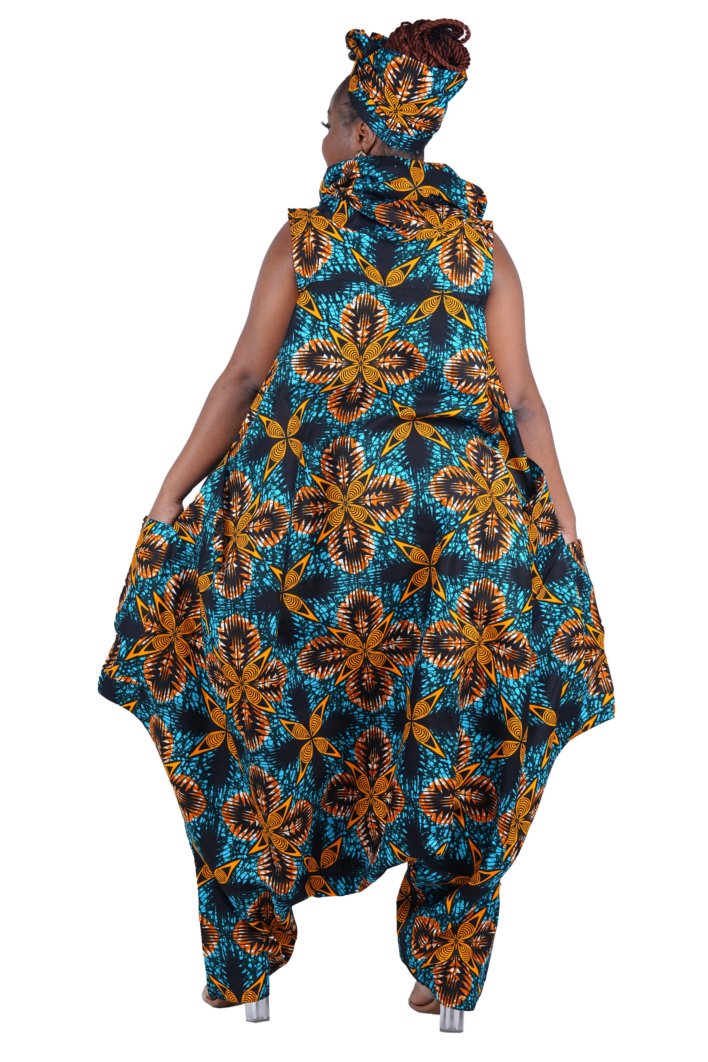 African Long High Neck Jumpsuit with Headwrap – 100% Cotton, Pockets