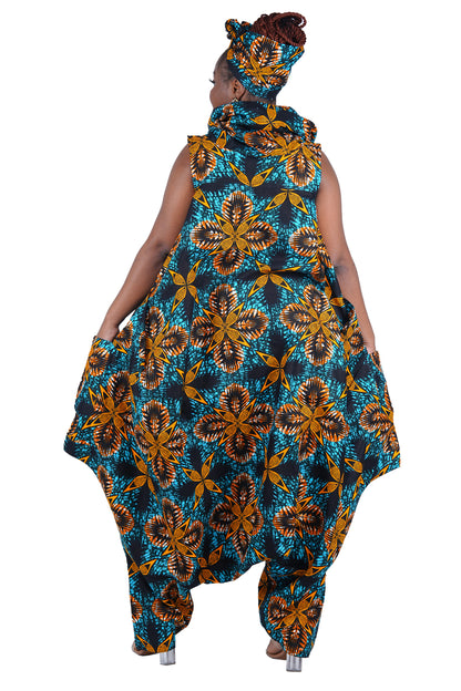 African Long High Neck Jumpsuit with Headwrap – 100% Cotton, Pockets
