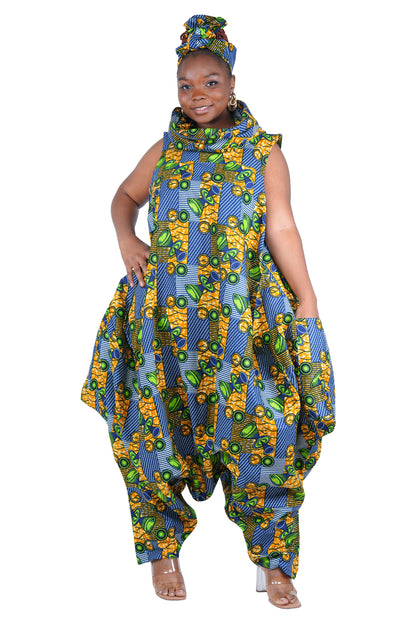 African Long High Neck Jumpsuit with Headwrap – 100% Cotton, Pockets