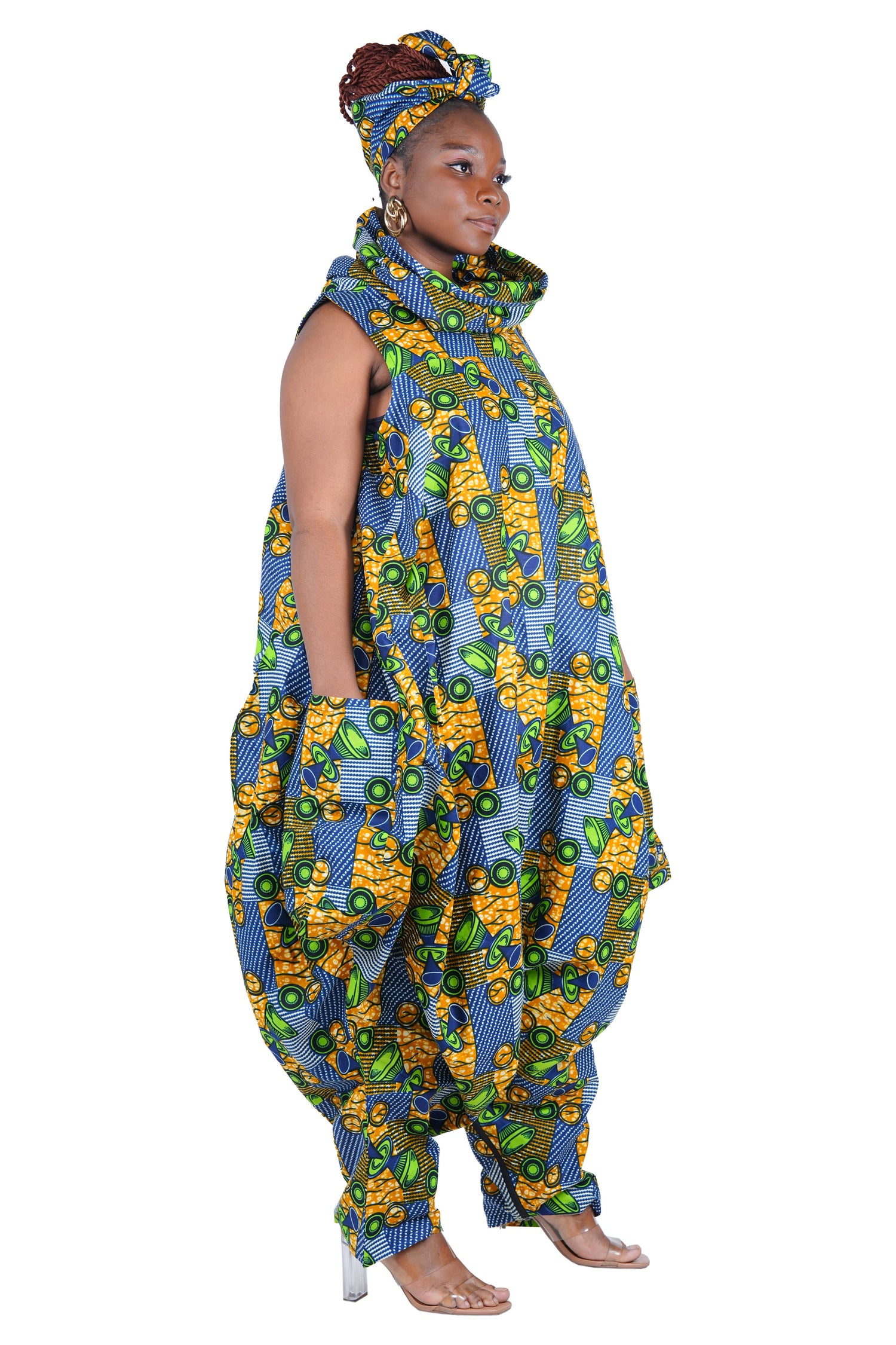 African Long High Neck Jumpsuit with Headwrap – 100% Cotton, Pockets