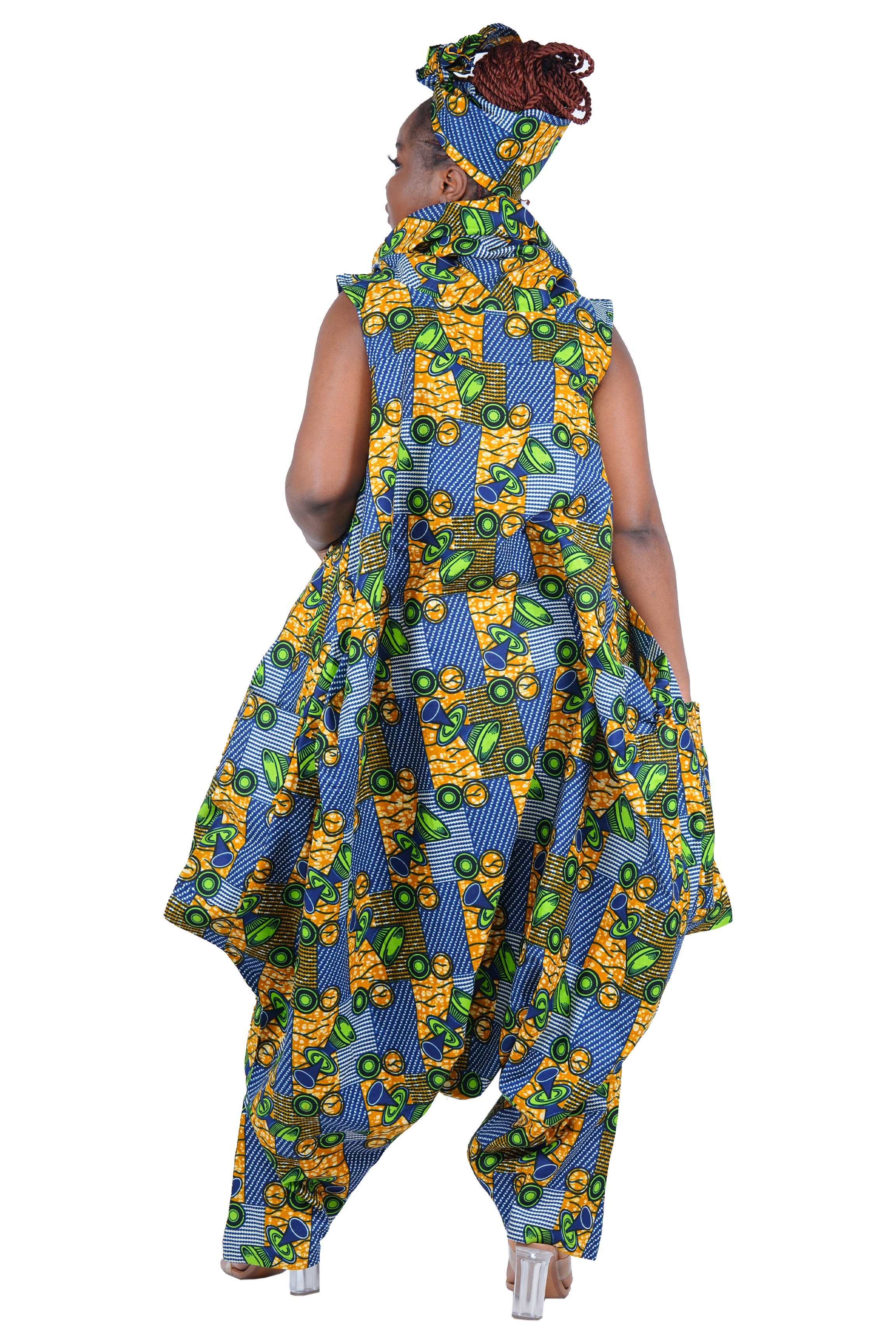 African Long High Neck Jumpsuit with Headwrap – 100% Cotton, Pockets
