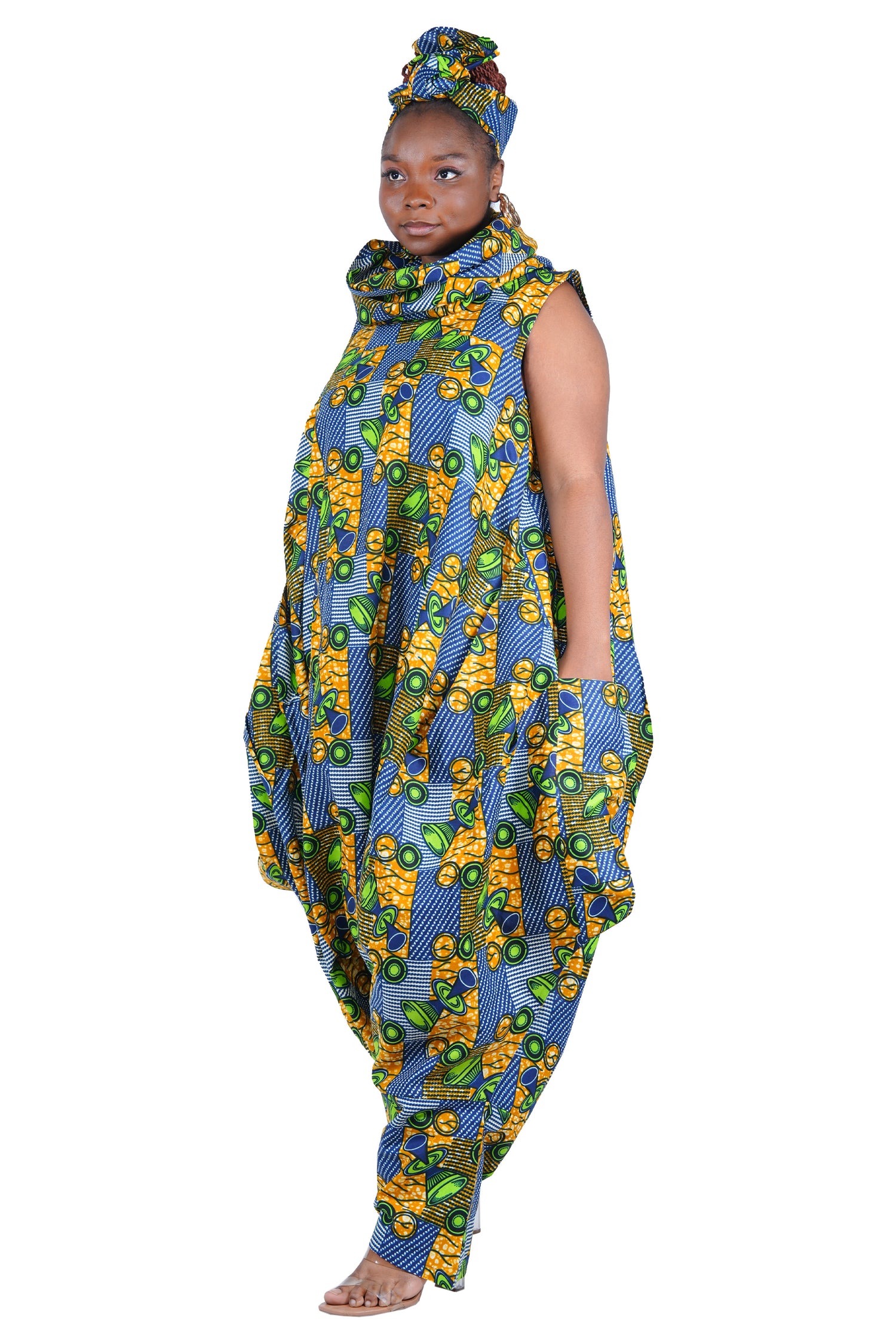 African Long High Neck Jumpsuit with Headwrap – 100% Cotton, Pockets
