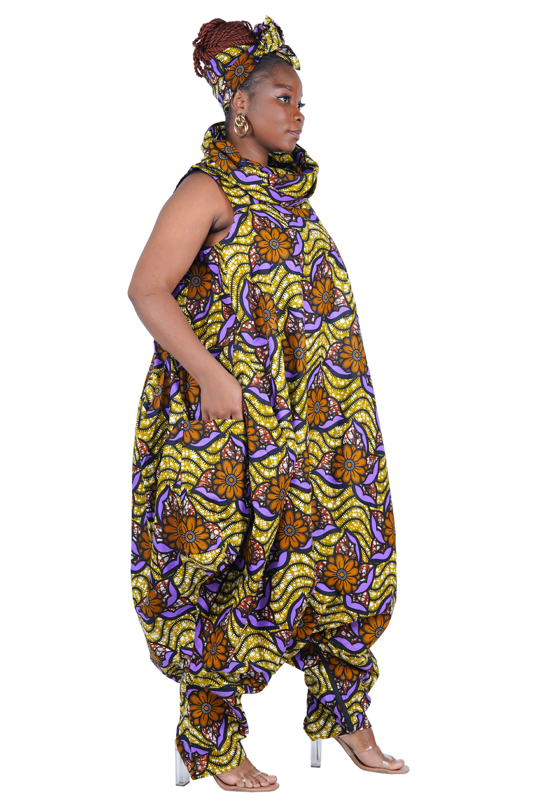 African Long High Neck Jumpsuit with Headwrap – 100% Cotton, Pockets