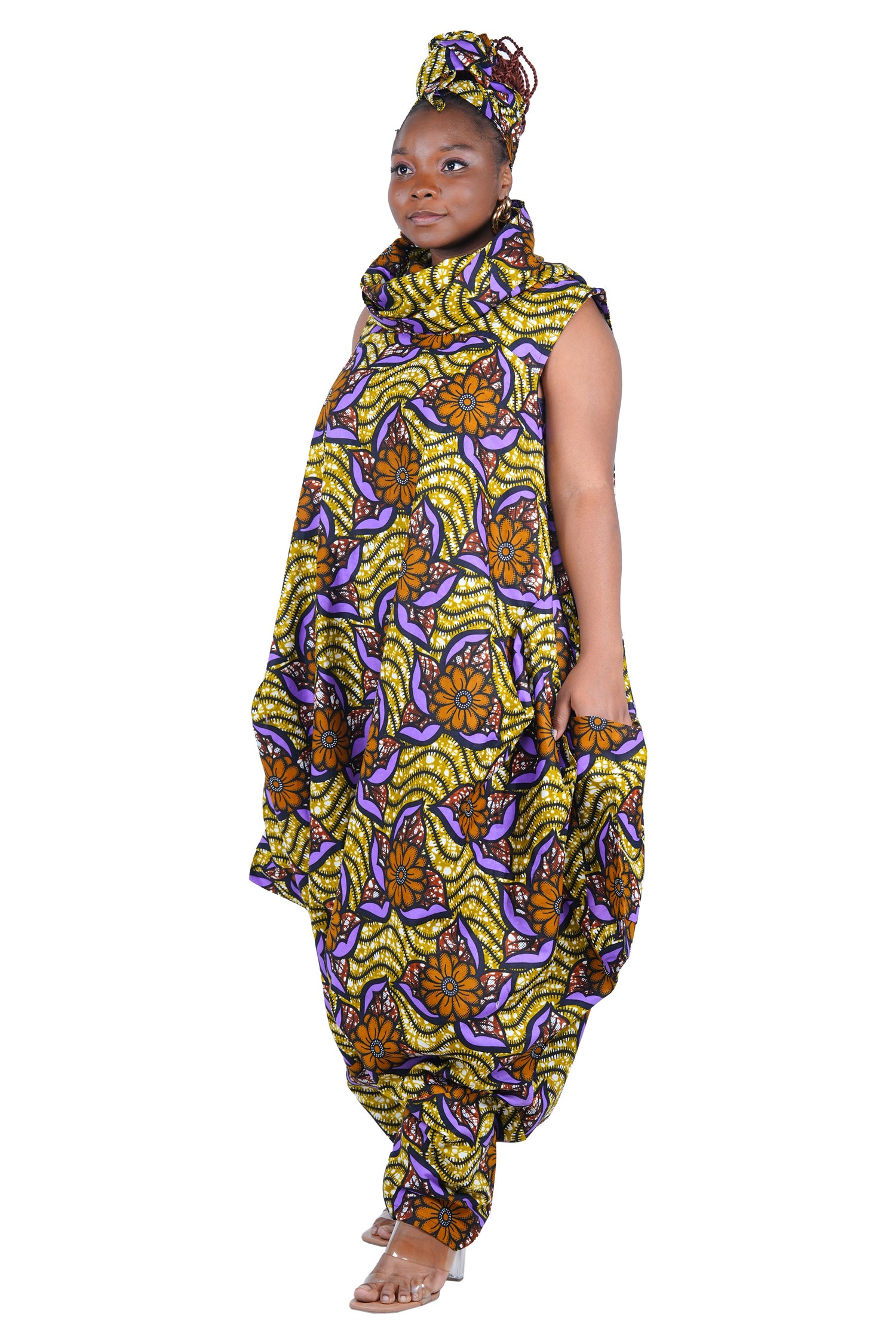 African Long High Neck Jumpsuit with Headwrap – 100% Cotton, Pockets