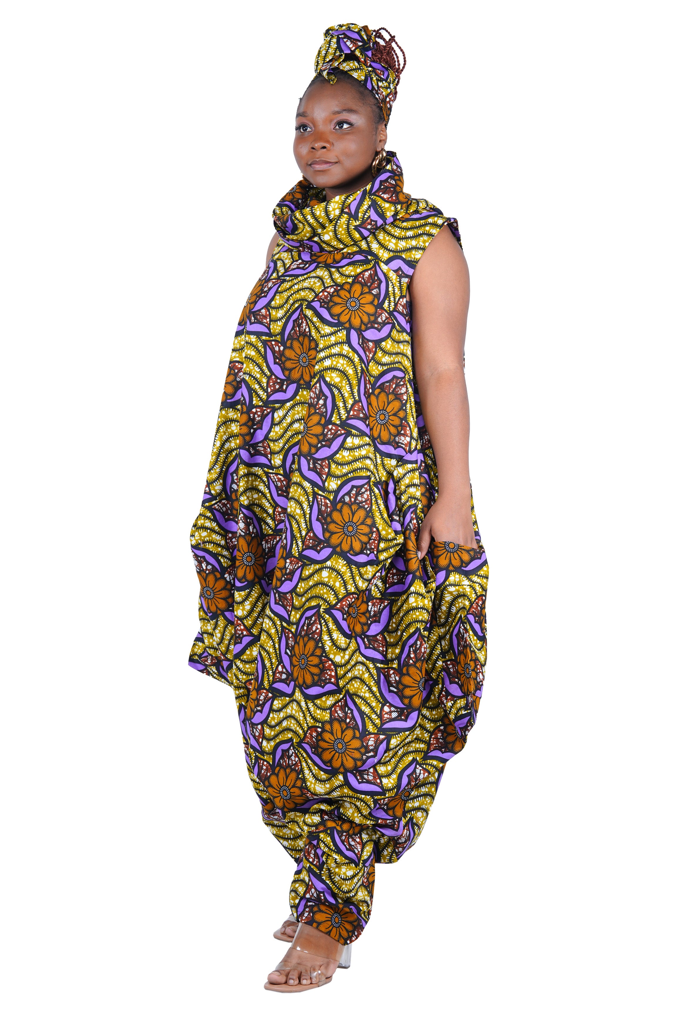 African Long High Neck Jumpsuit with Headwrap – 100% Cotton, Pockets