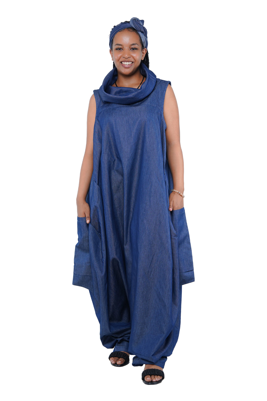African Long High Neck Jumpsuit with Headwrap – 100% Cotton, Pockets