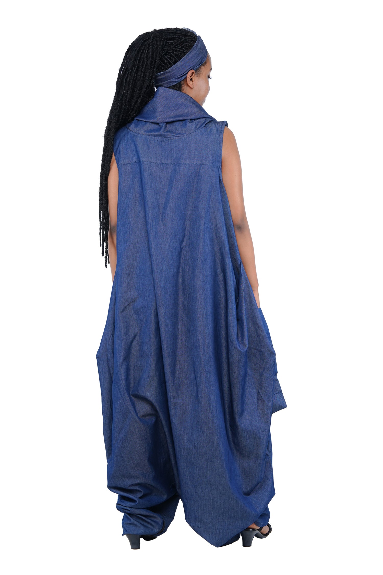 African Long High Neck Jumpsuit with Headwrap – 100% Cotton, Pockets