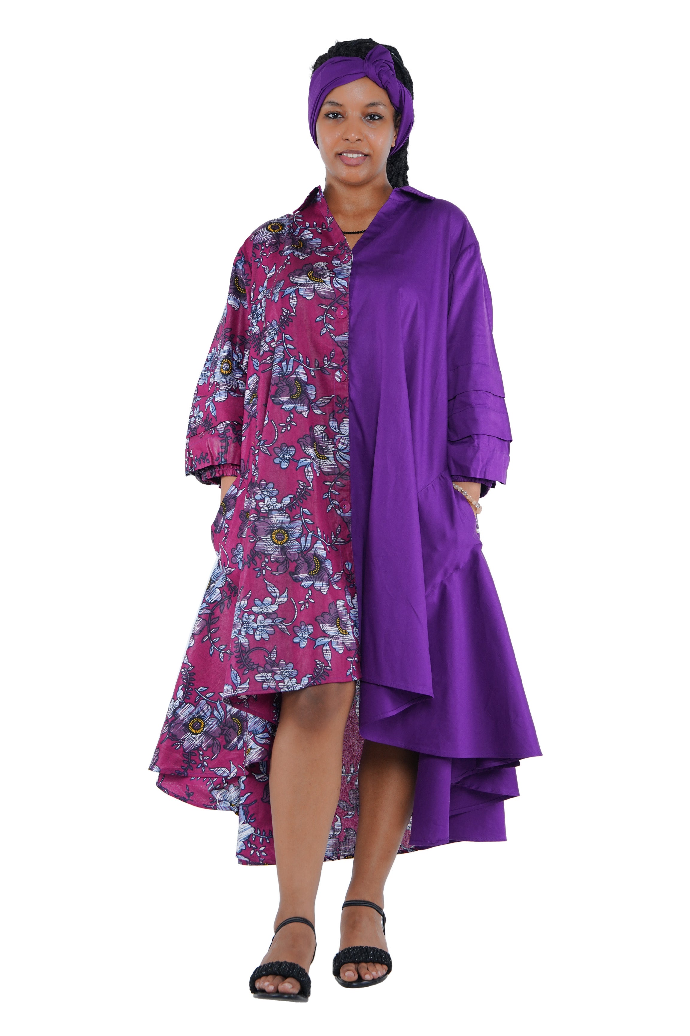 African high low swing dress 100% cotton with matching headwrap