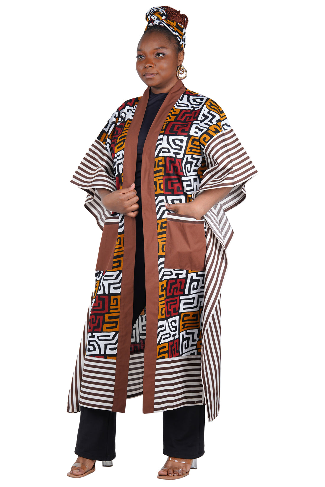 African Kimono Cardigan with Pockets &amp; Matching Headwrap | One Size
