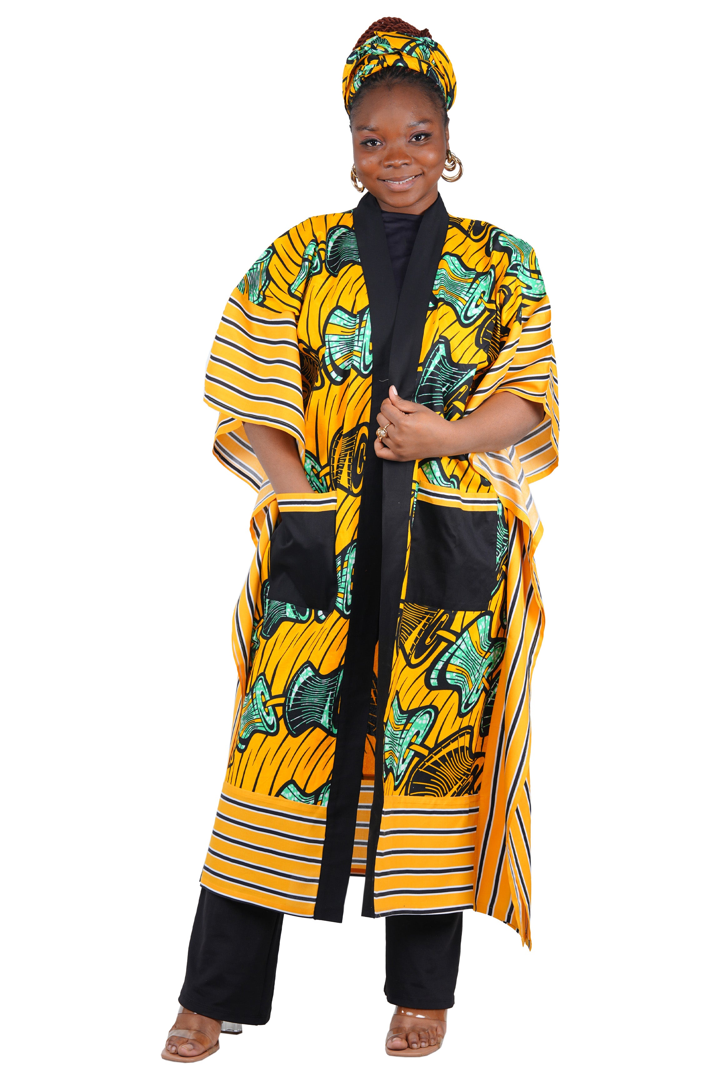 African Kimono Cardigan with Pockets &amp; Matching Headwrap | One Size