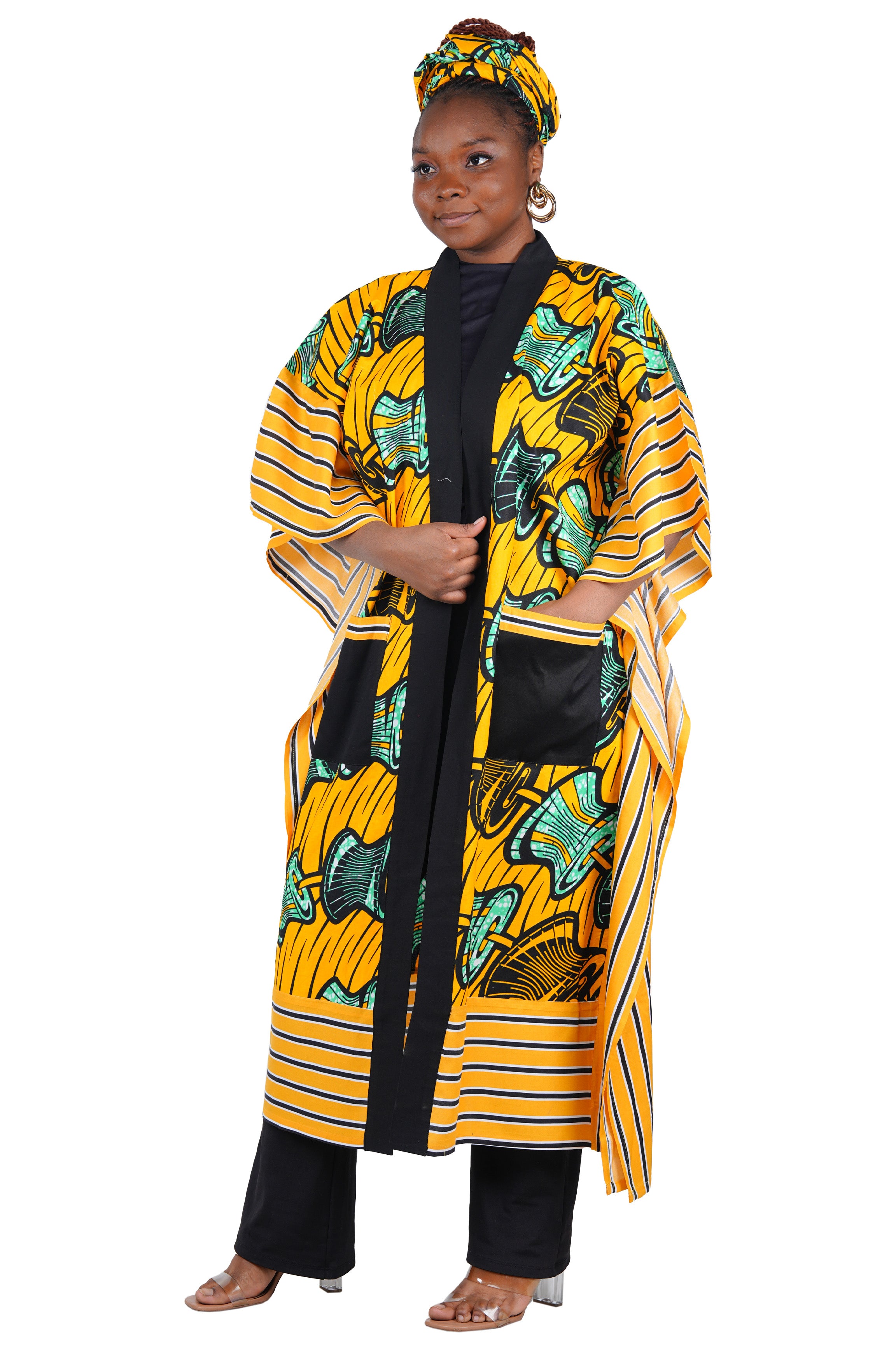 African Kimono Cardigan with Pockets &amp; Matching Headwrap | One Size