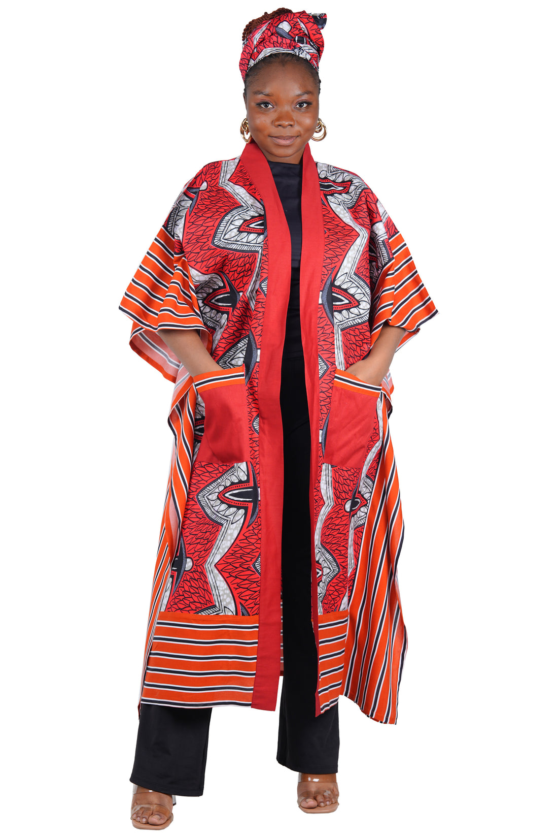 African Kimono Cardigan with Pockets &amp; Matching Headwrap | One Size