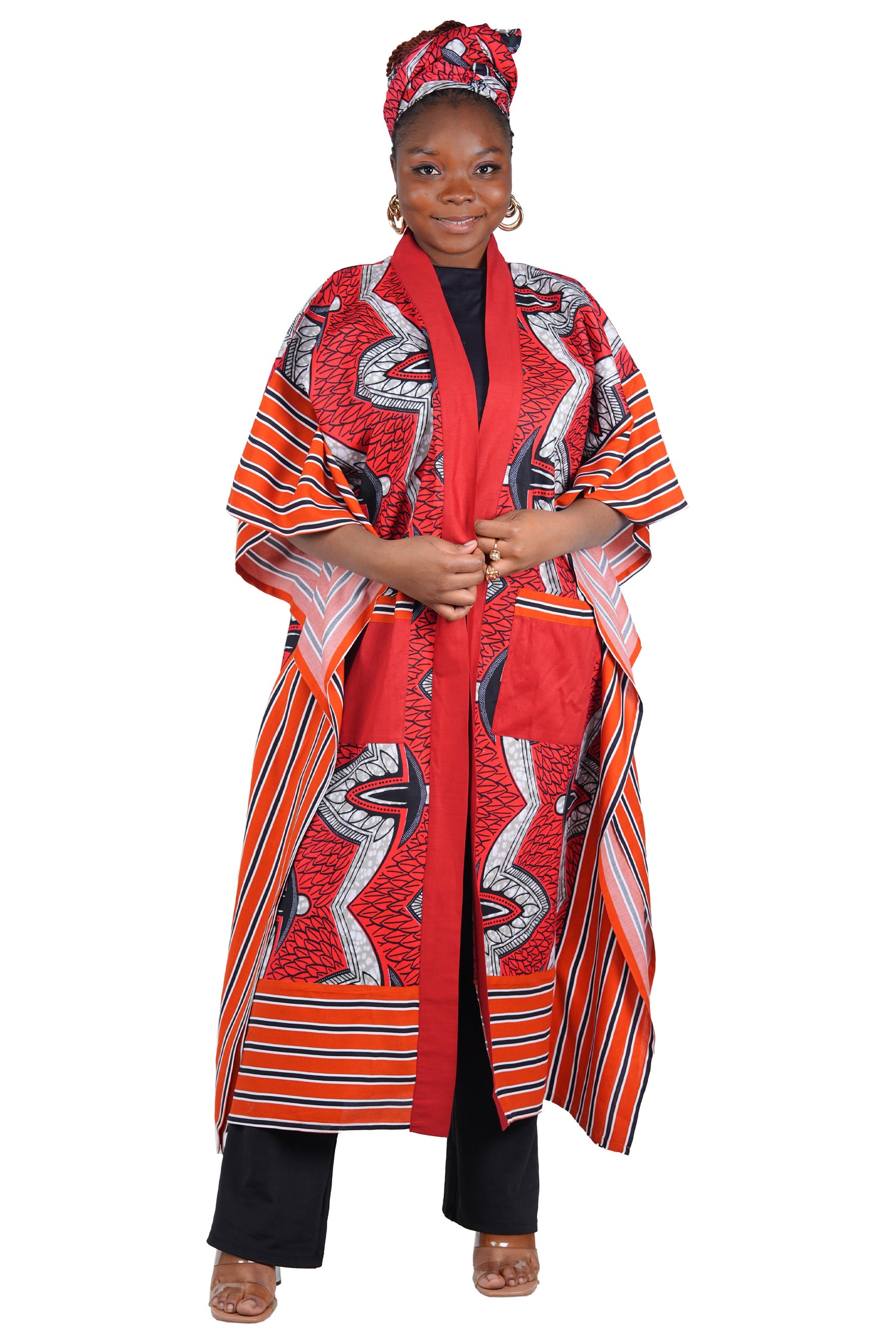 African Kimono Cardigan with Pockets &amp; Matching Headwrap | One Size