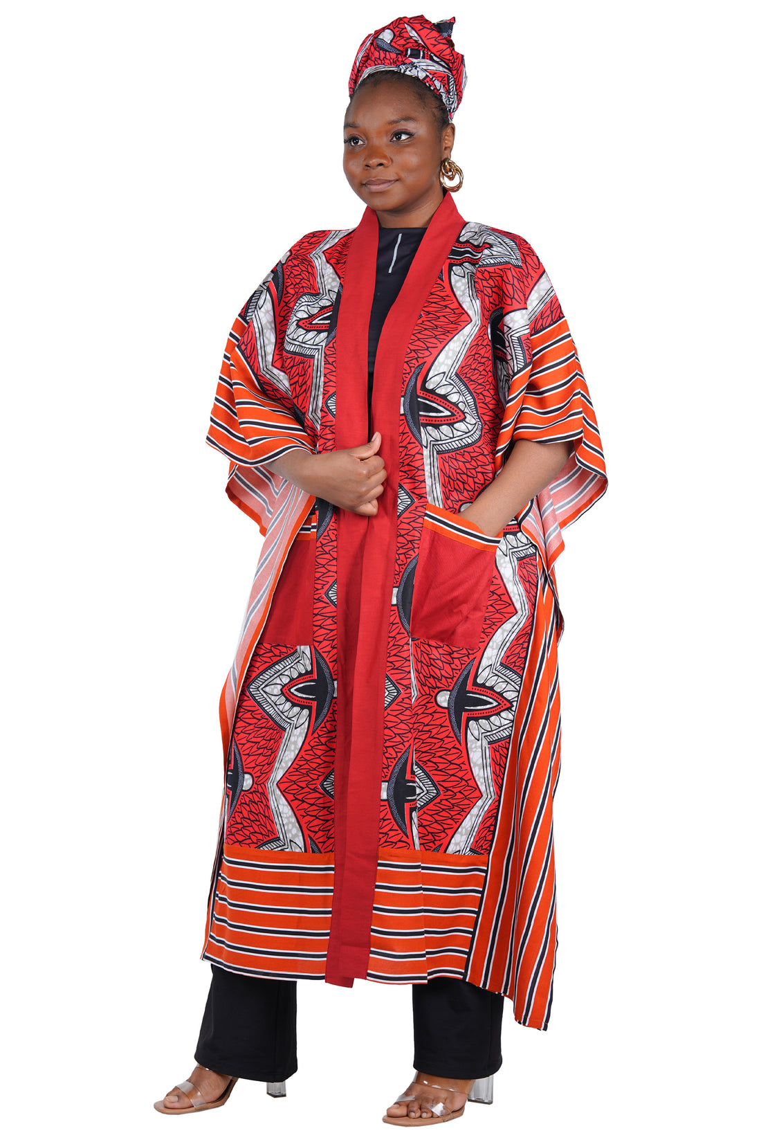 African Kimono Cardigan with Pockets &amp; Matching Headwrap | One Size