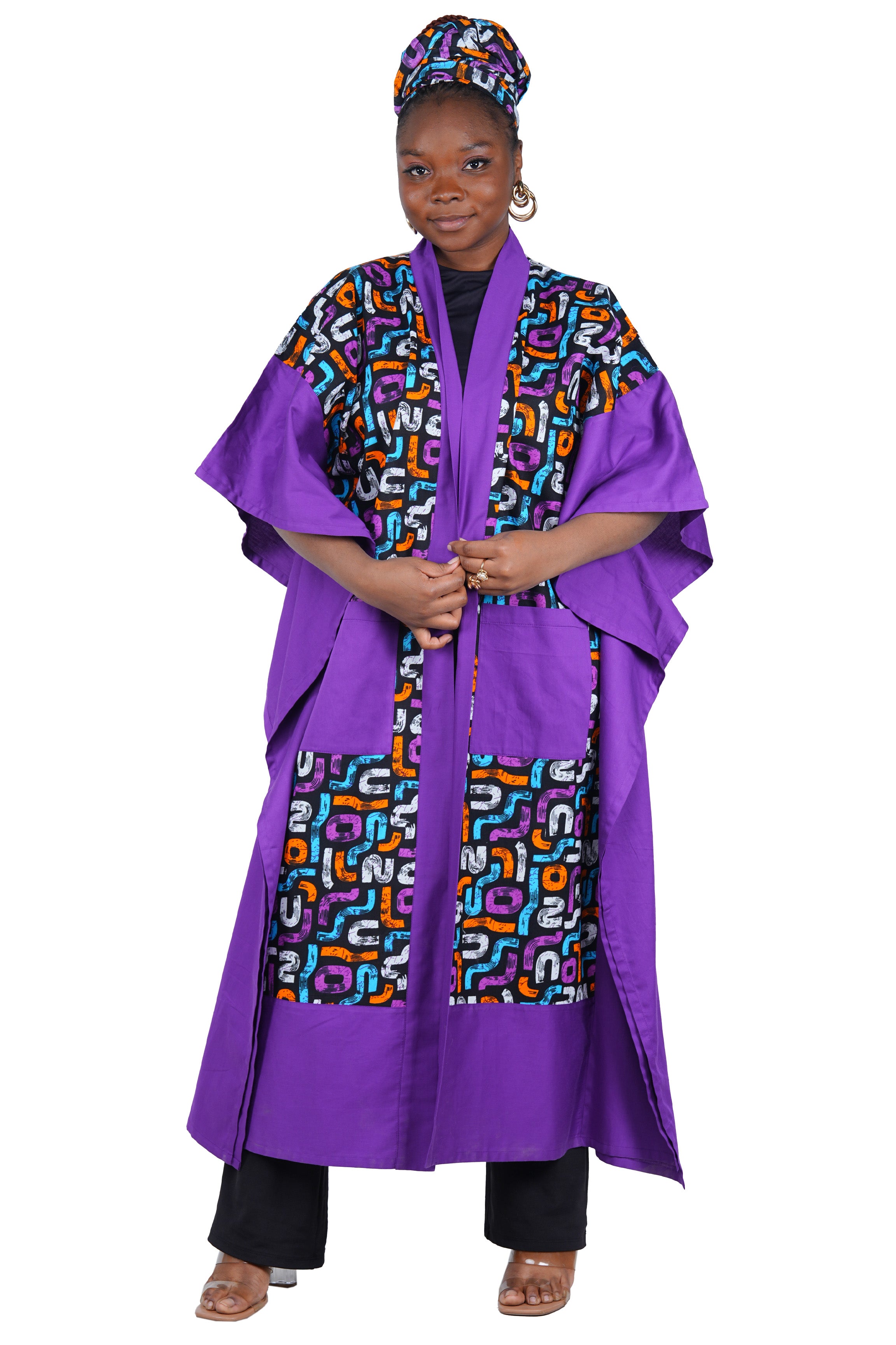 African Kimono Cardigan with Pockets &amp; Matching Headwrap | One Size