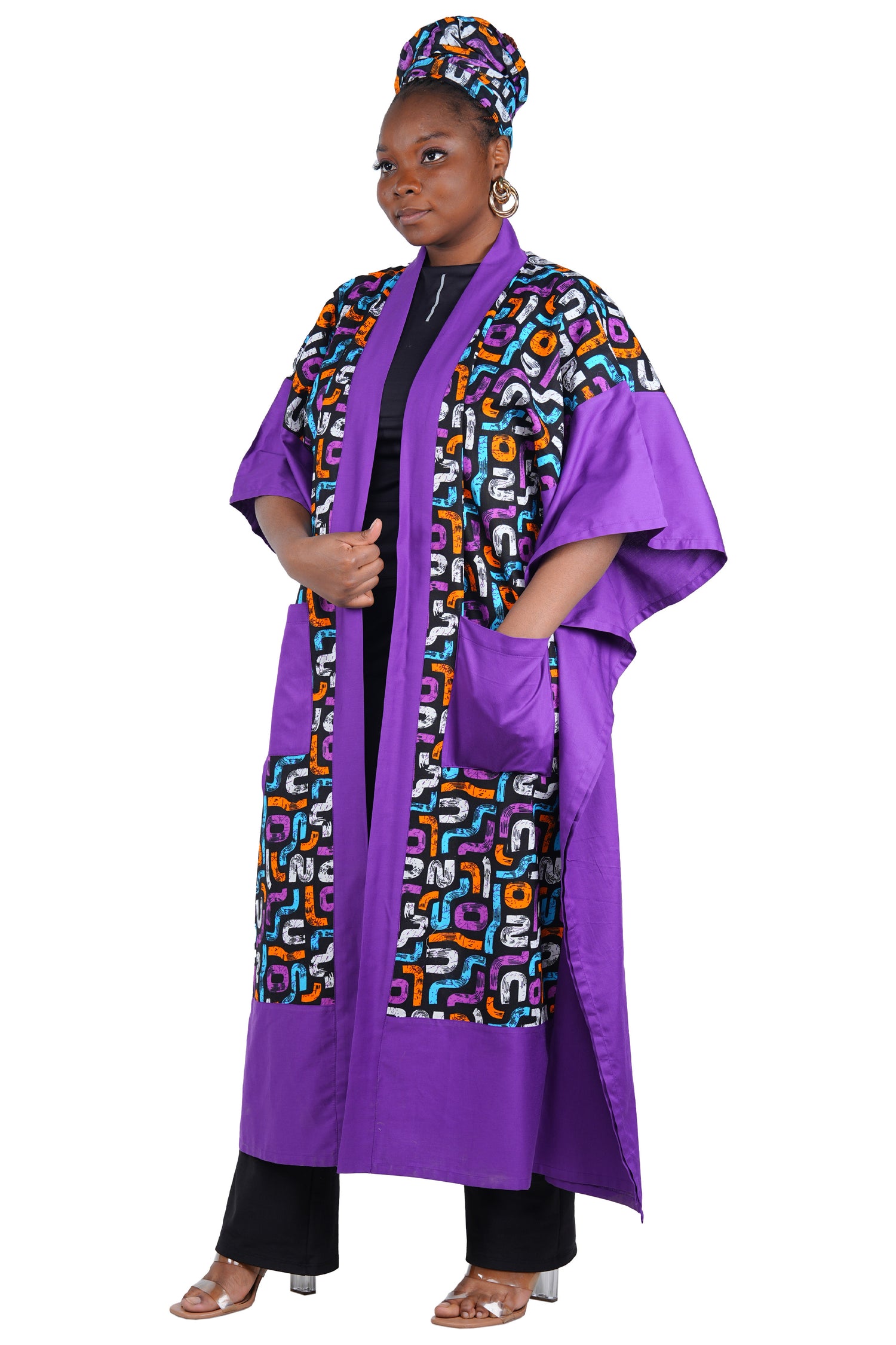 African Kimono Cardigan with Pockets &amp; Matching Headwrap | One Size