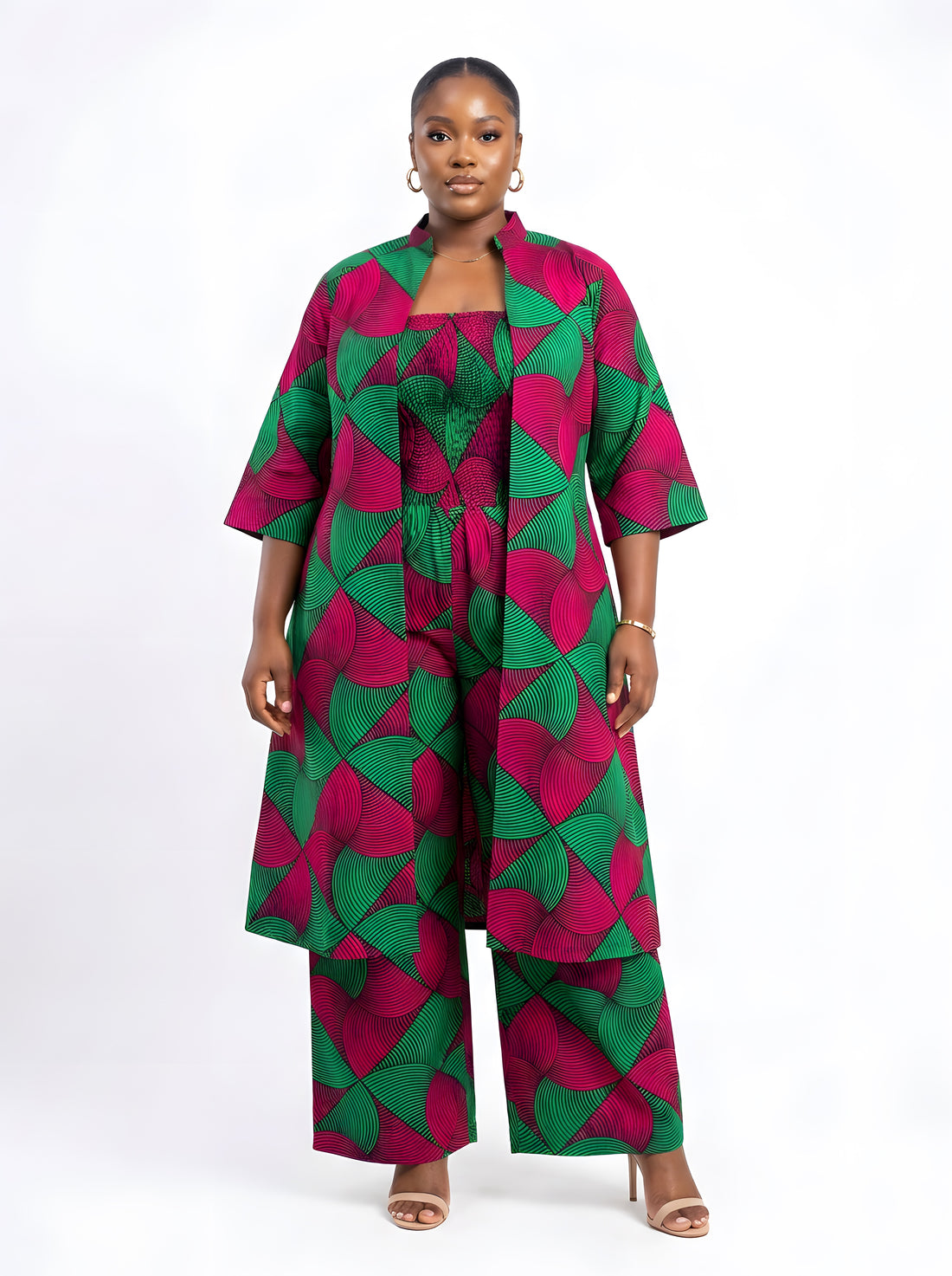 African Smocked Wide Leg Jumpsuit with Matching Kimono | One Size