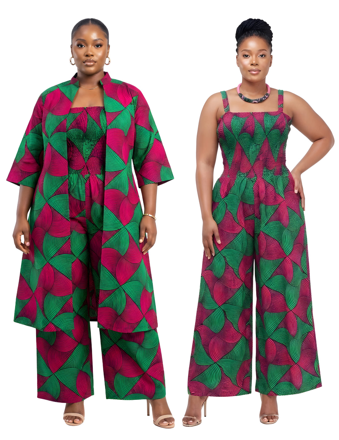 African Smocked Wide Leg Jumpsuit with Matching Kimono | One Size