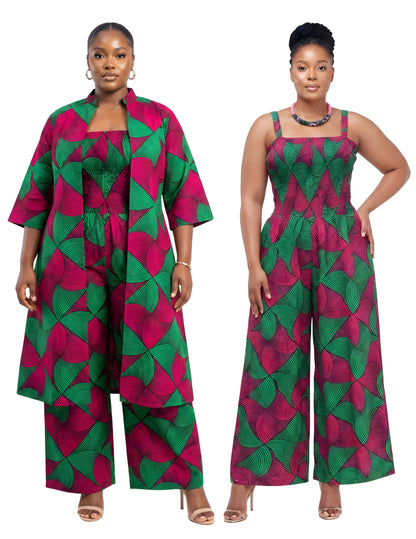 African Smocked Wide Leg Jumpsuit with Matching Kimono | One Size