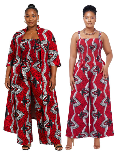 African Smocked Wide Leg Jumpsuit with Matching Kimono | One Size