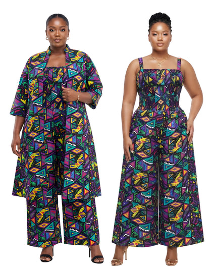 African Smocked Wide Leg Jumpsuit with Matching Kimono | One Size