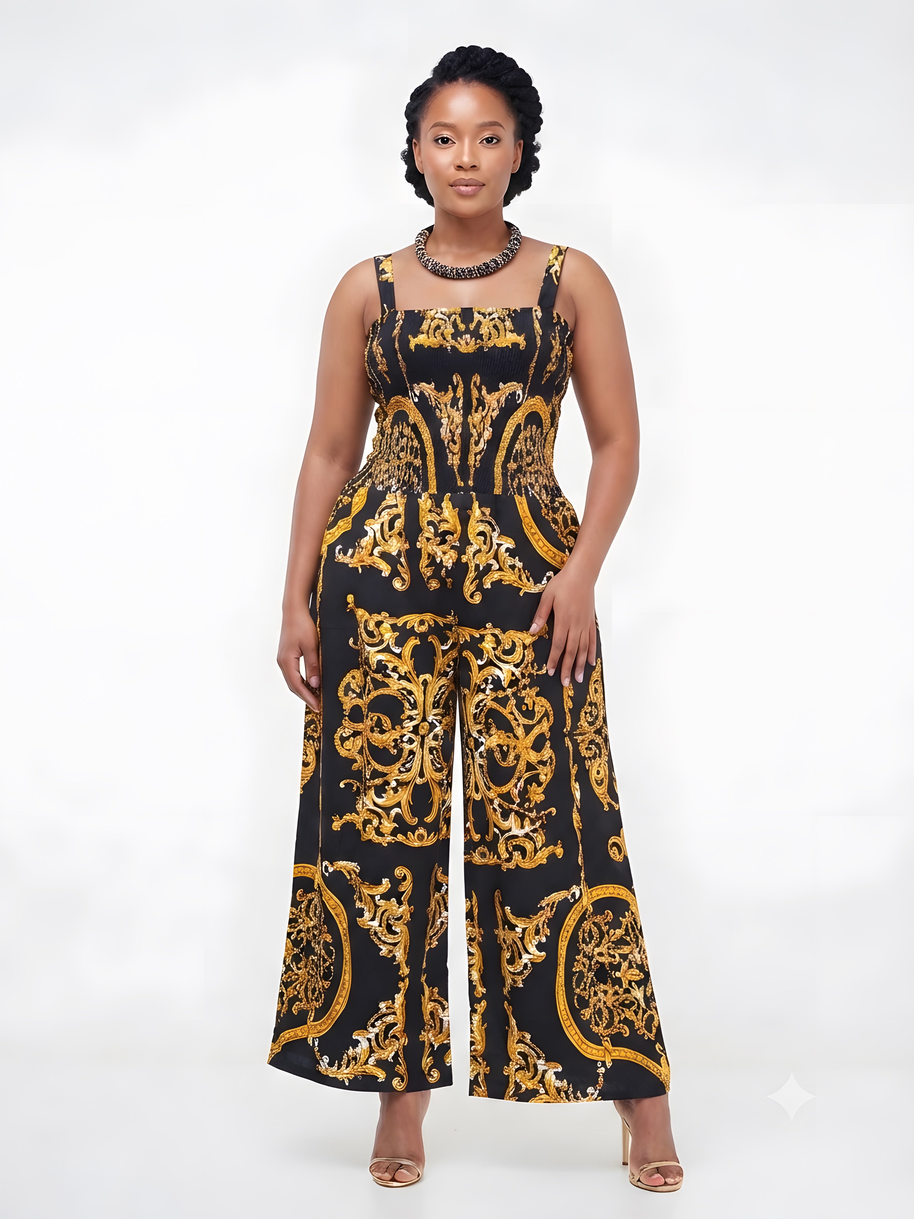 African Smocked Wide Leg Jumpsuit with Matching Kimono | One Size