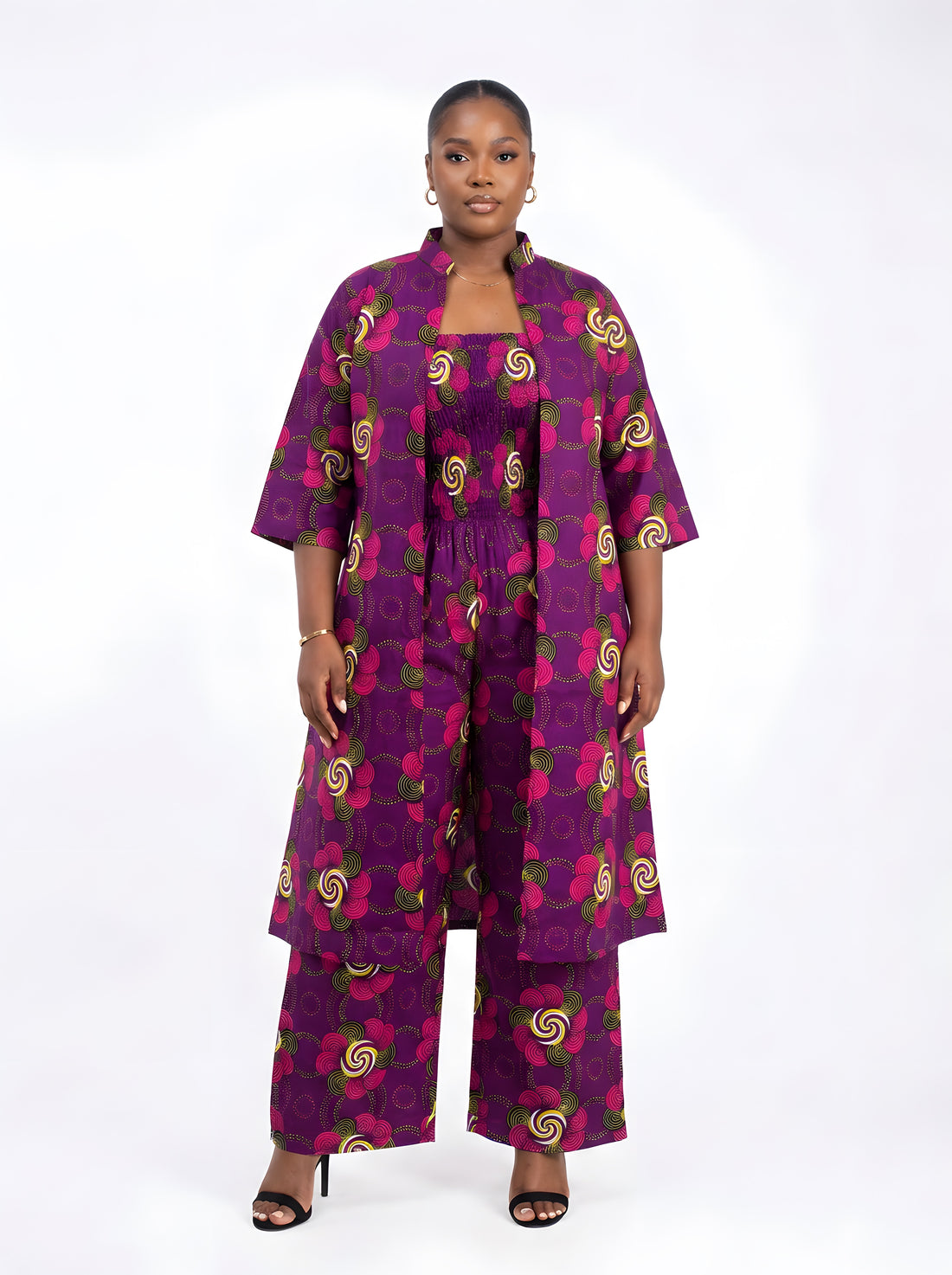 African Smocked Wide Leg Jumpsuit with Matching Kimono | One Size