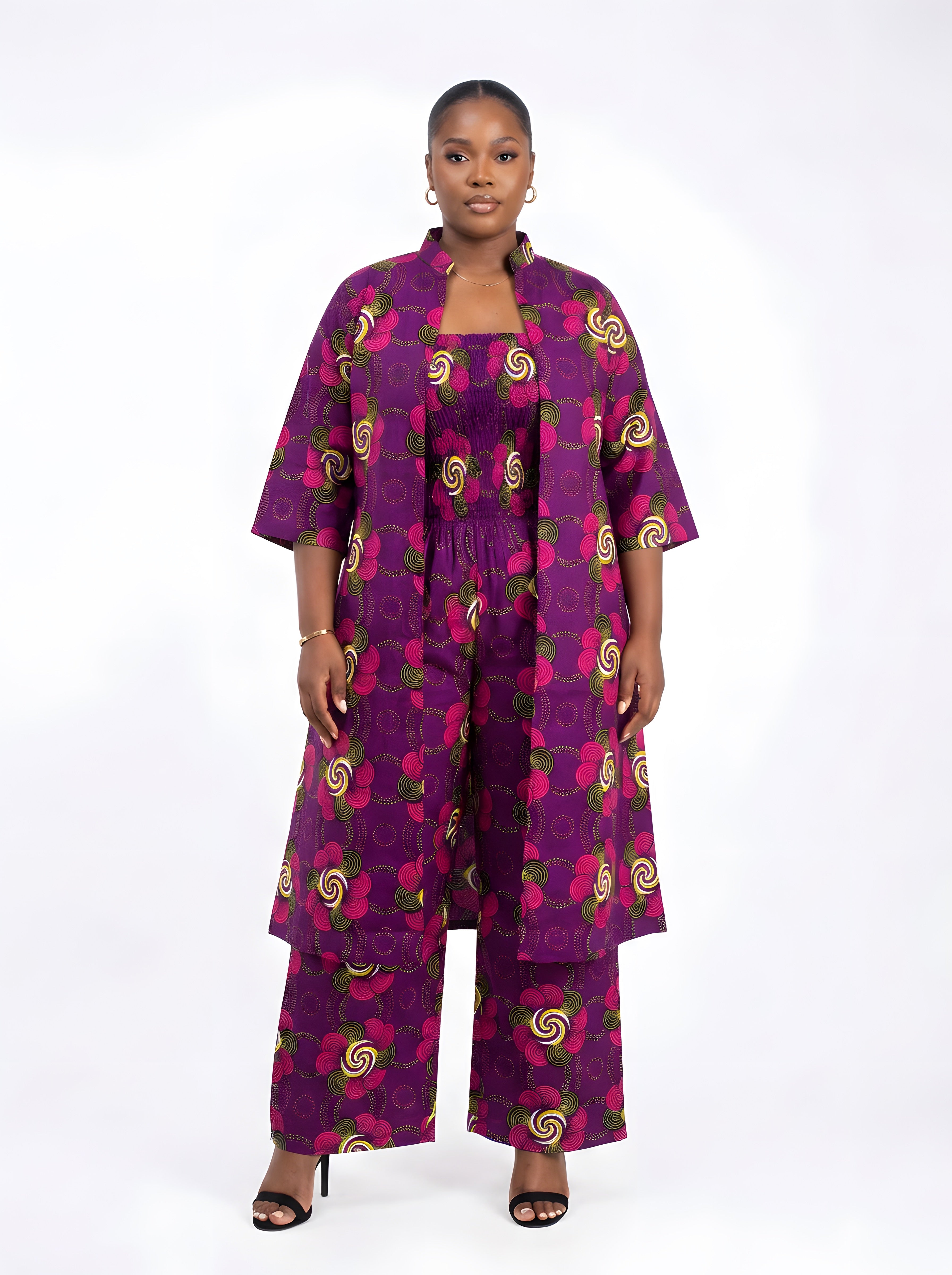African Smocked Wide Leg Jumpsuit with Matching Kimono | One Size