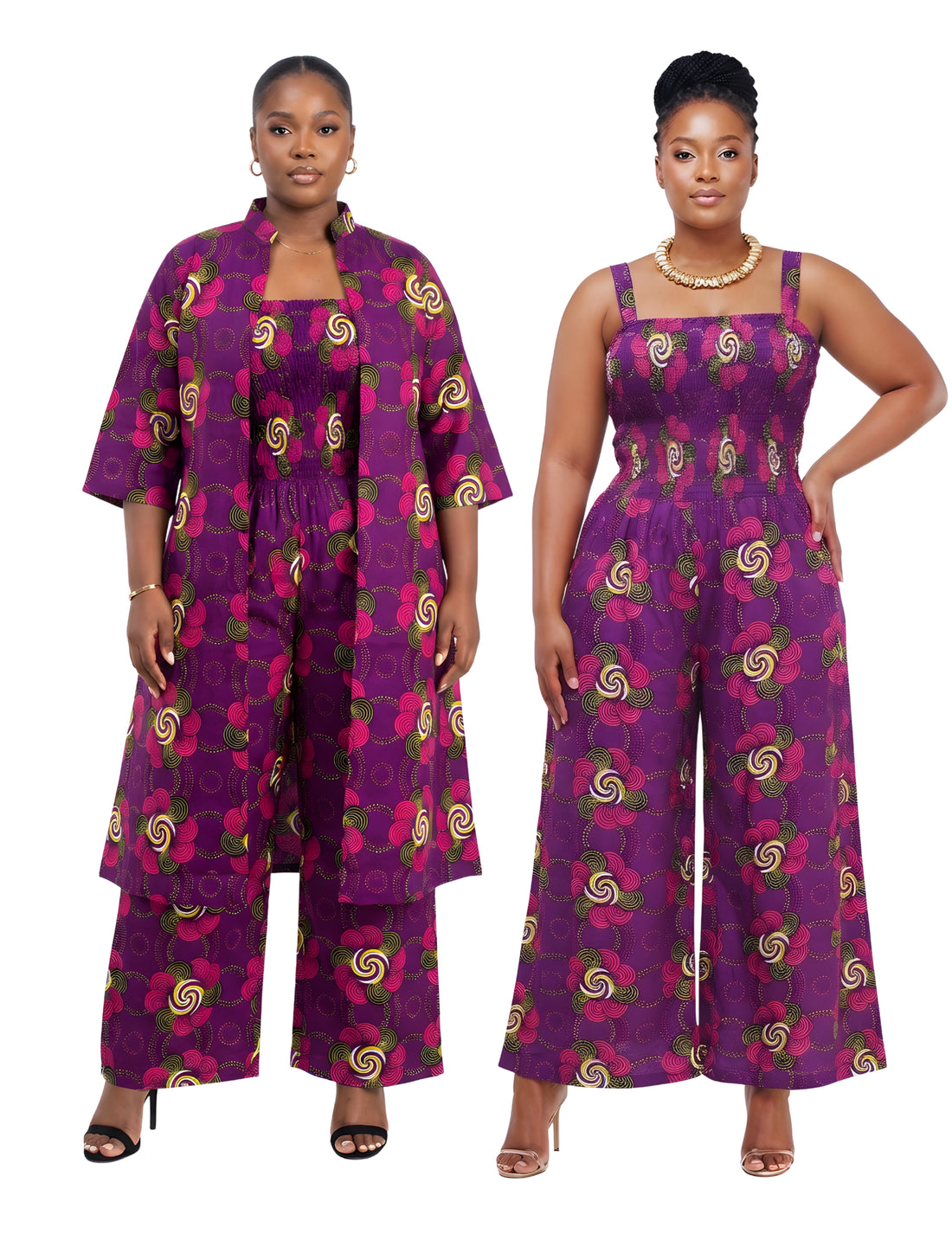 African Smocked Wide Leg Jumpsuit with Matching Kimono | One Size