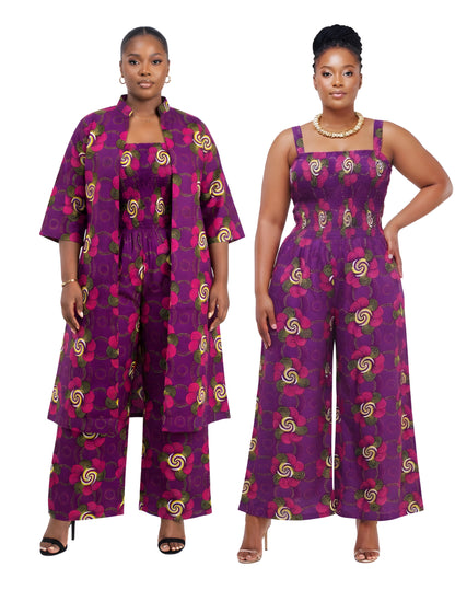 African Smocked Wide Leg Jumpsuit with Matching Kimono | One Size