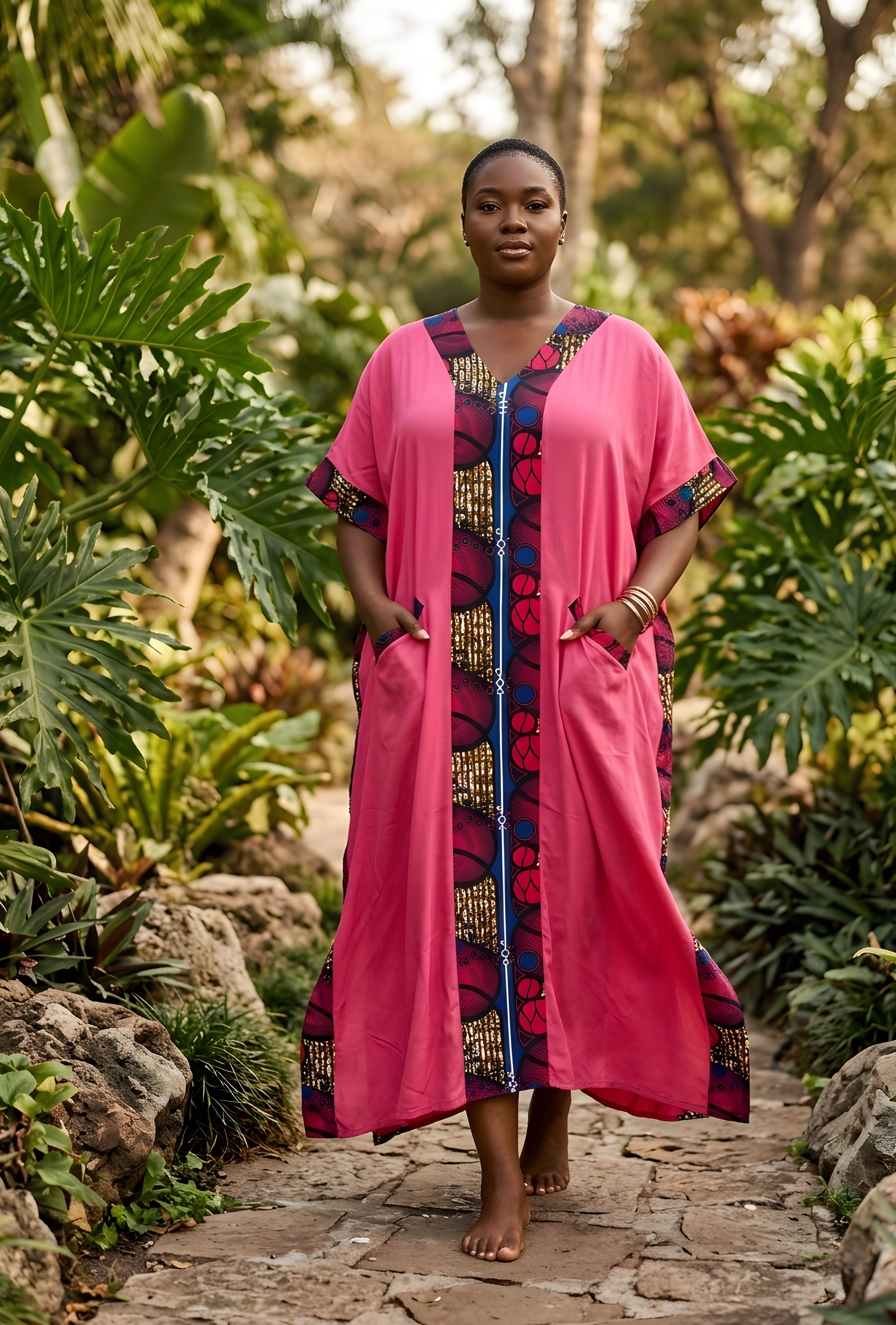 African Print Patchwork Kaftan Dress with Matching Headwrap | One Size