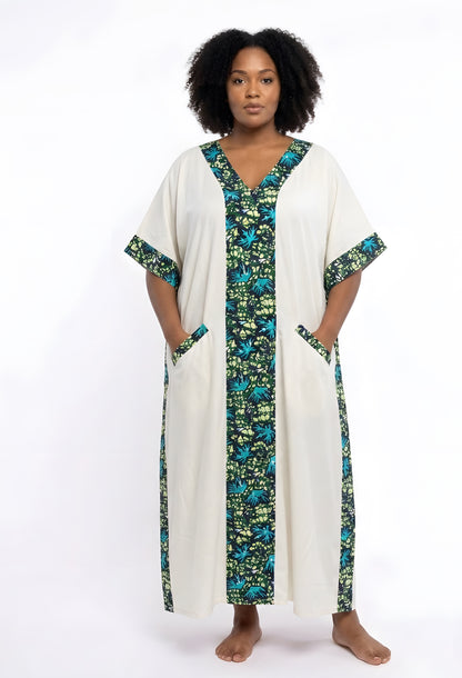 African Print Patchwork Kaftan Dress with Matching Headwrap | One Size
