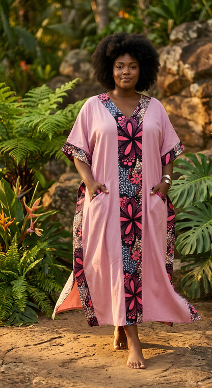 African Print Patchwork Kaftan Dress with Matching Headwrap | One Size
