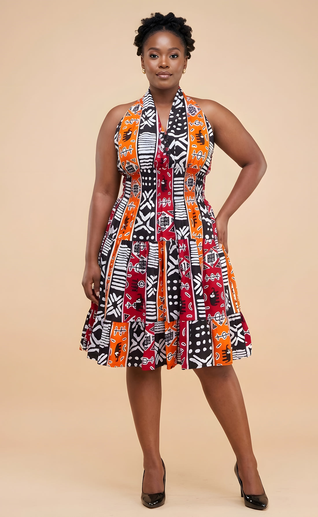 African Smocked Waist Fit &amp; Flare Midi Dress with Head Wrap | One Size
