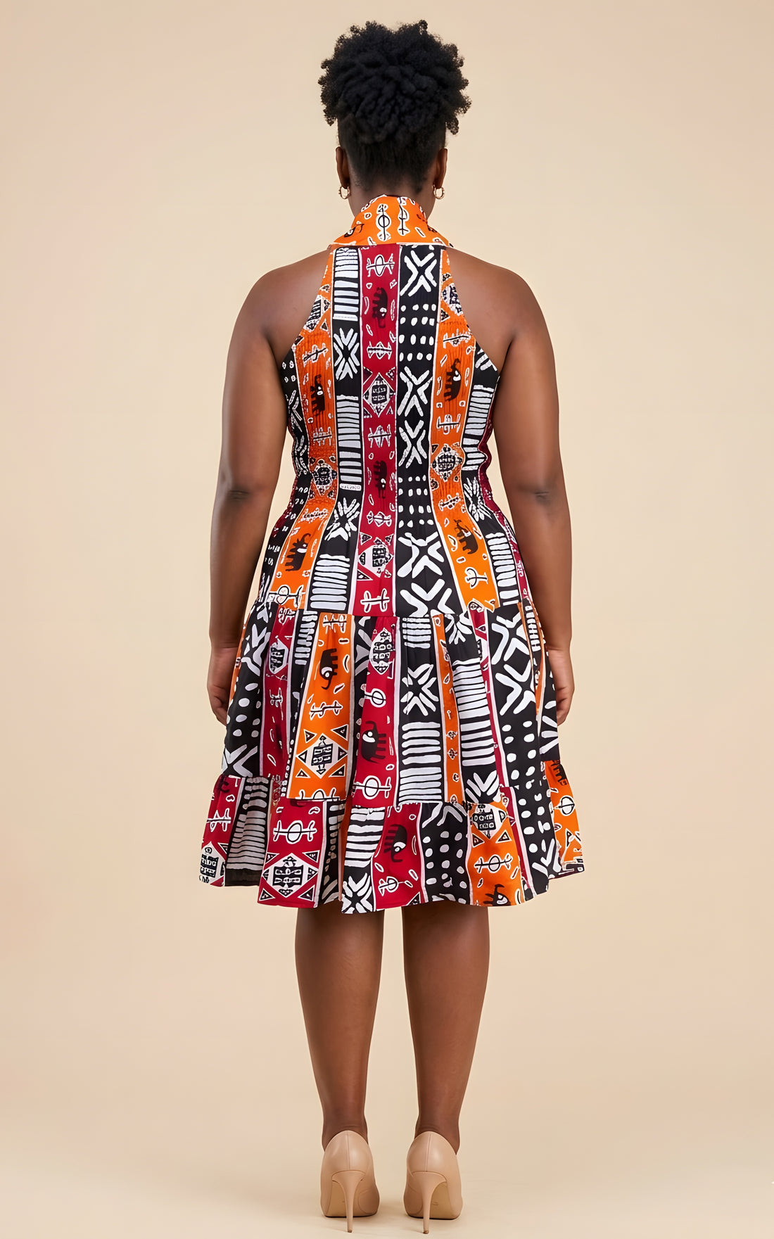 African Smocked Waist Fit &amp; Flare Midi Dress with Head Wrap | One Size