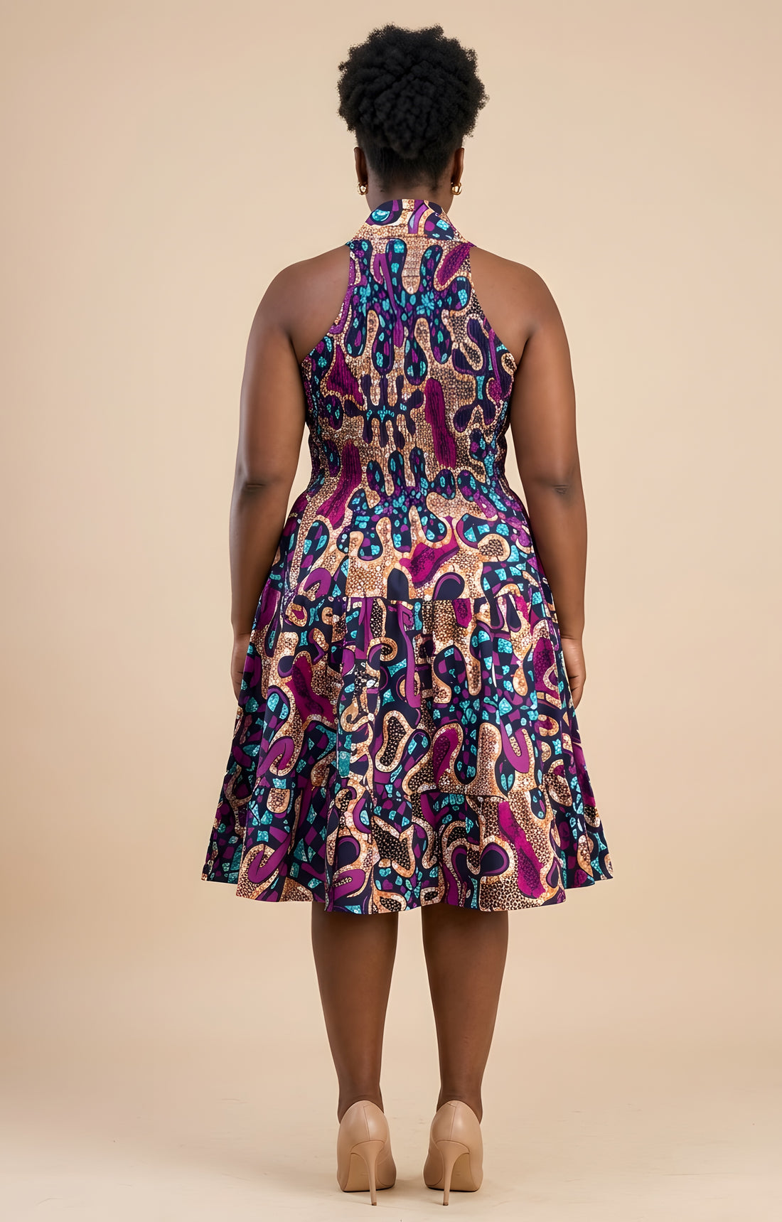 African Smocked Waist Fit &amp; Flare Midi Dress with Head Wrap | One Size